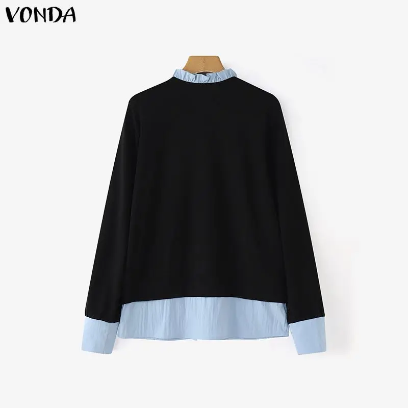 

VONDA Elegant Women Tops Office Blouse Fashion Shirts Color Patchwork Casual Tunic Bandage Spring Long Sleeve Blusas Femininas
