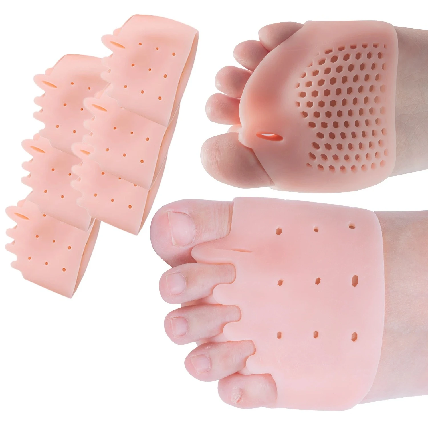 Coussinets en gel pour l'avant-pied avec séparateur d'orteils en nid d'abeille à cinq trous, semelles intérieures en gel souple pour soulager la douleur, préviennent les callosités, les ampoules et les cors des pieds, 2 pièces