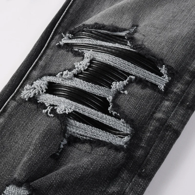 Black Men's Slim Fit Jeans Fashionable High Street Hip-Hop Style Nostalgic Perforated Patch Washed Elastic Casual Trousershombre