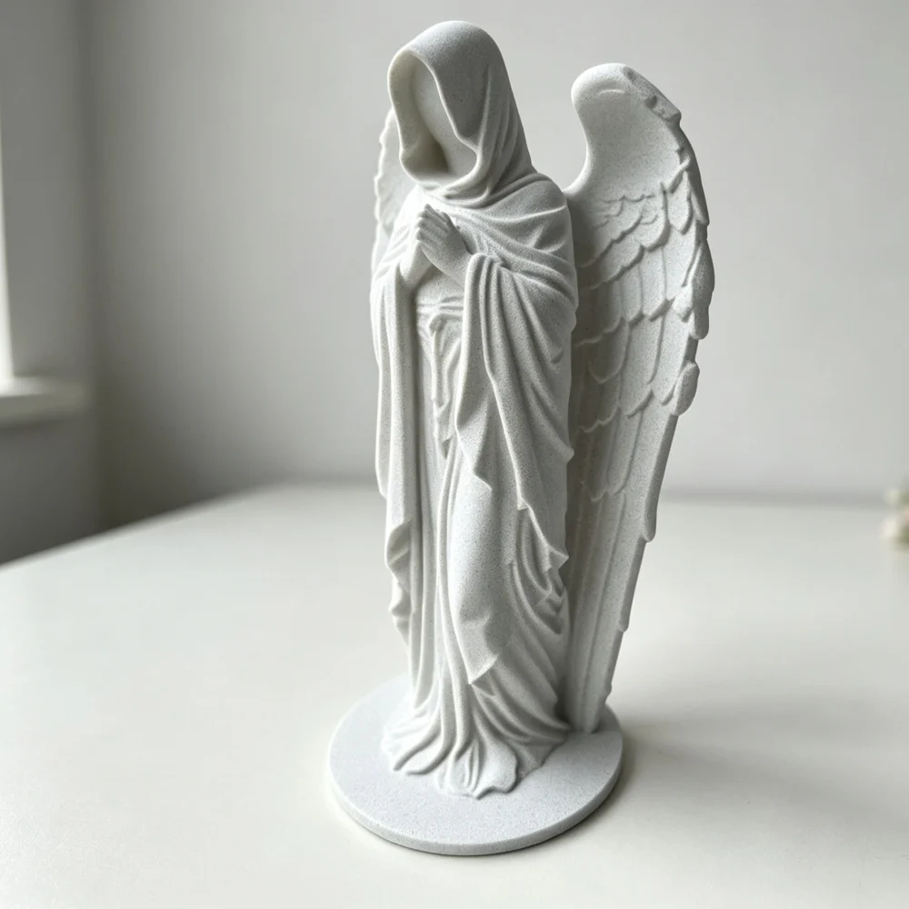 Figurine d'ange priant blanche imprimée en 3D, sculpture ailée élégante pour bureau, étagère et décoration spirituelle de la maison
