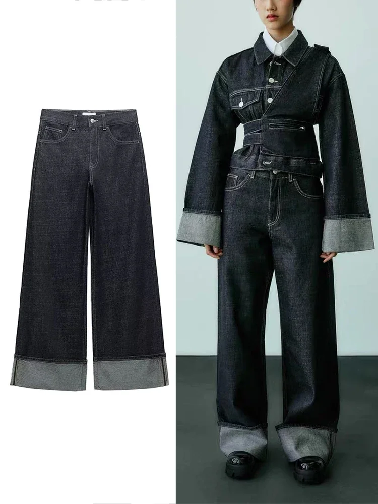 Man and Women's New High-Waisted Jeans Slim High-Waisted Trailing Trousers Rolled Leg Loose Jeans Fashion Casual Wide-Leg Jeans