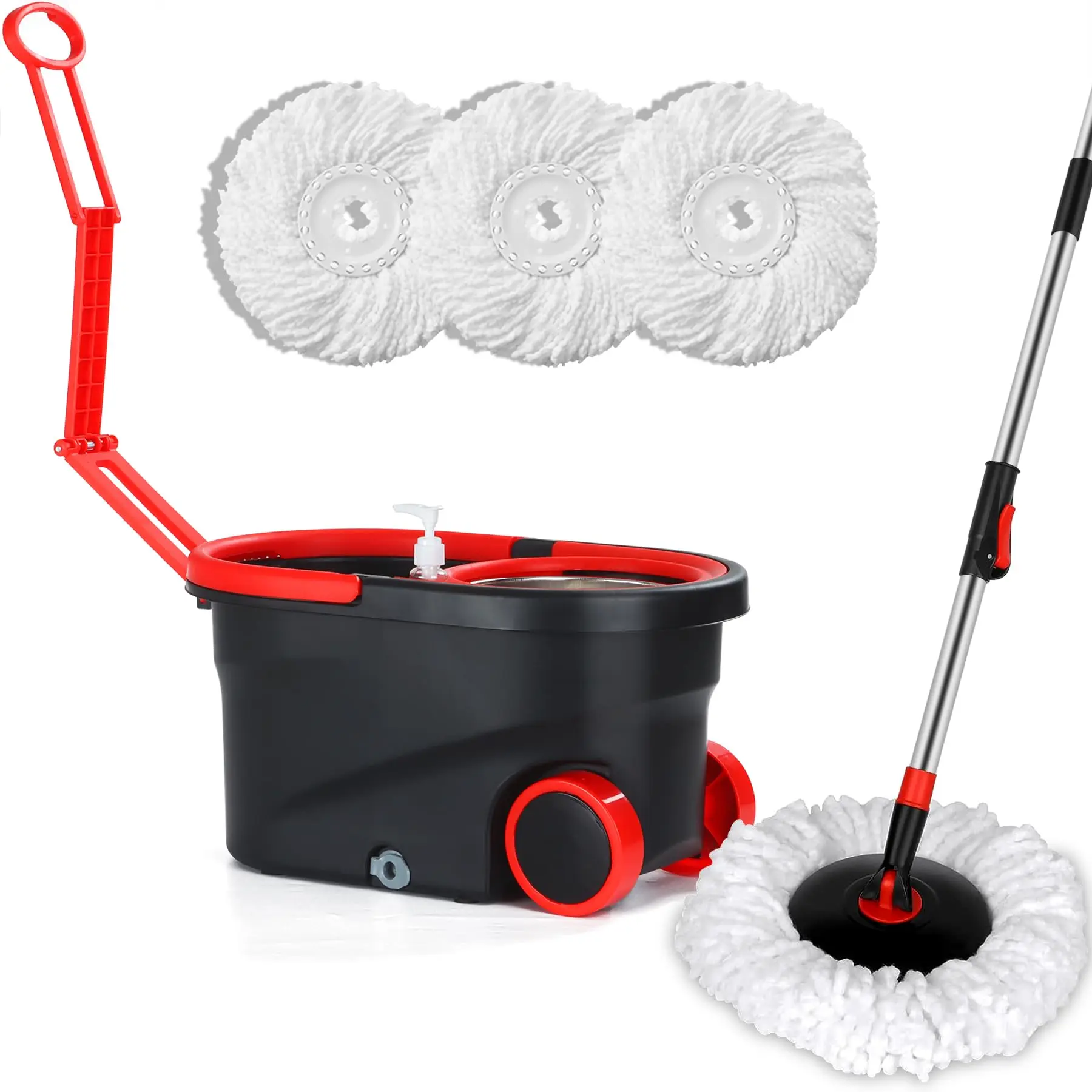 360 Spin Mop and Bucket System with Stainless Steel Wringing Basket Machine Washable 3 Microfiber Refill Heads Adjustable Telescopic Handle 38 to 61 Inch Wide Wheels Soap Dispenser for Hardwood Tile Laminate Marble Floor Cleaning PP Stainless Steel