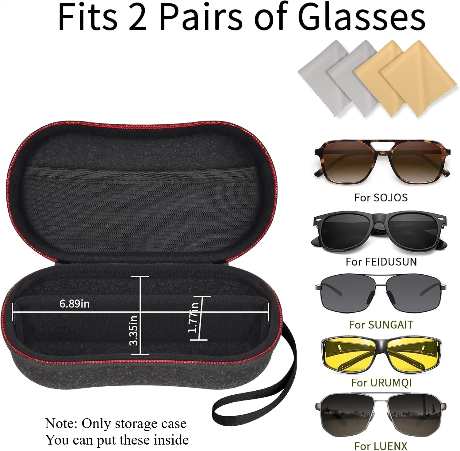 Double Sunglasses Case Organizer, Dual Eyeglass Travel Box with Divider & Half Mesh Pocket, Hard Shell Protective Glasses Holder
