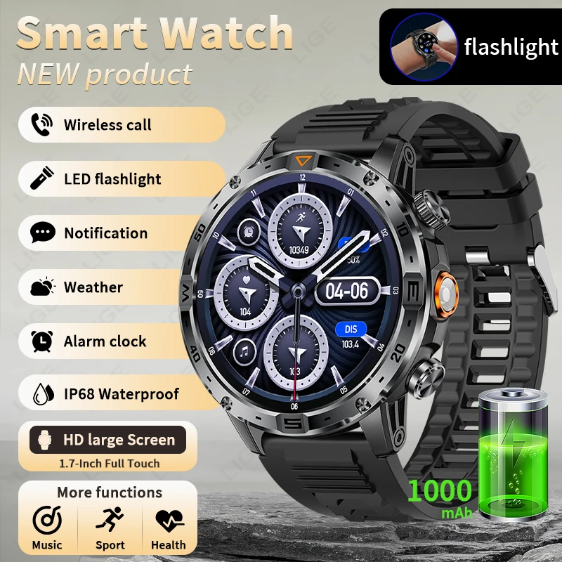 

LIGE 1000mAh Smart Watch Men Sports Fitness LED Flashlight Compass Outdoor Watches IP68 Waterproof Bluetooth Call Smartwatch Man