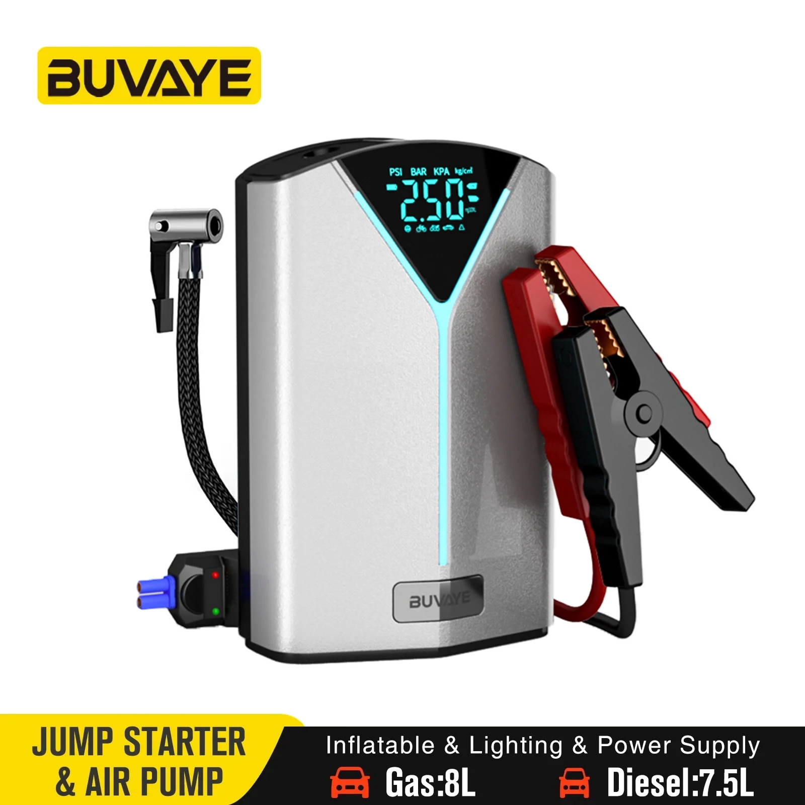 

BUVAYE Car Battery Jump Starter Inflatable Pump Power Bank LED Lighting Portable 4 In 1 Car Booster Air Compressor for 12V Cars