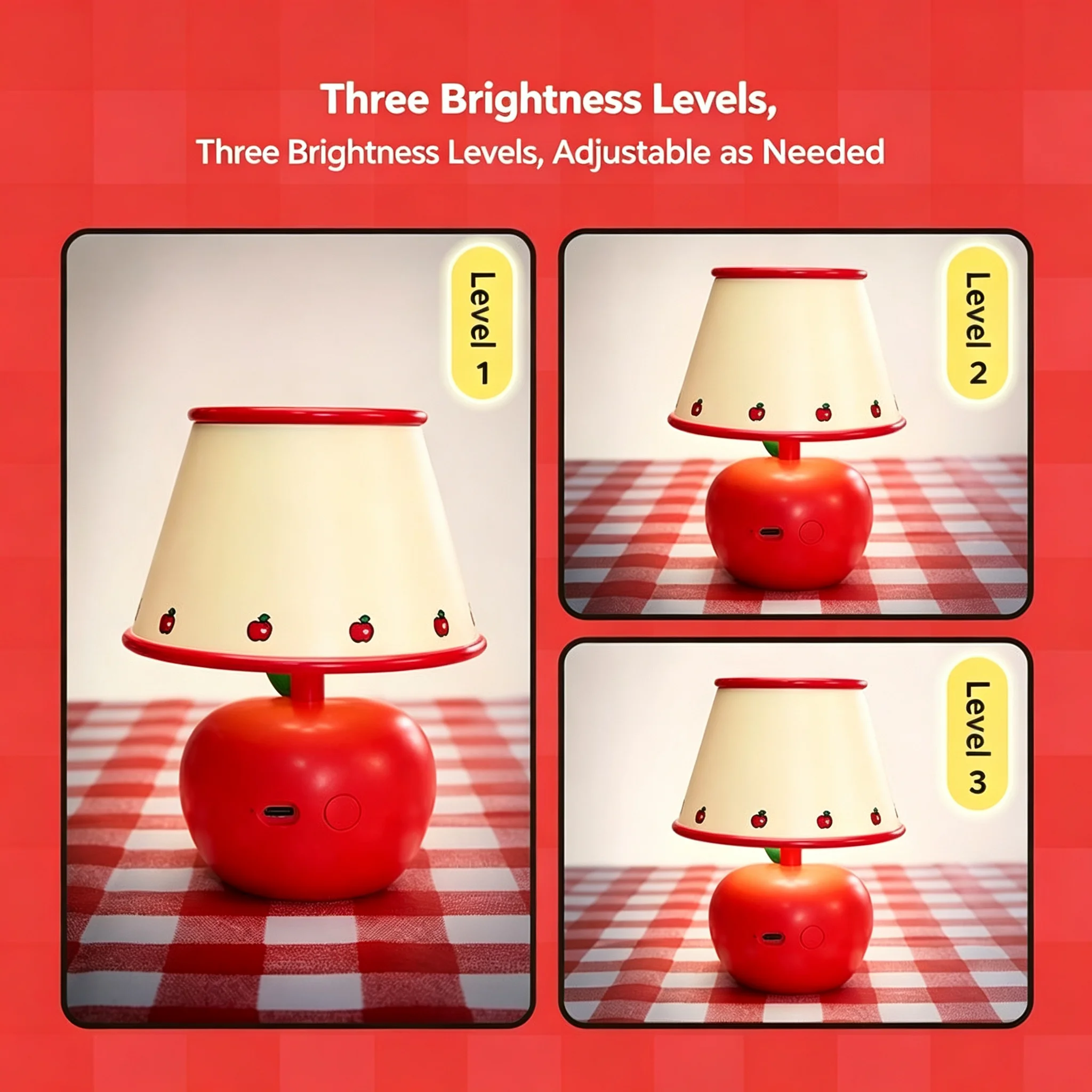 Hello Kitty Apple Shaped LED Night Light 3 Brightness Adjustable Rechargeable Kawaii Cartoon Table Lamp Bedroom