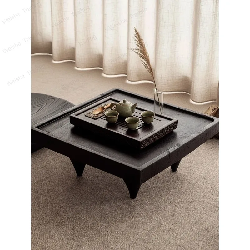 Wabi Sand Wind Black Carbonized Solid Wood Square Coffee Table Living Room Household Small Apartment Homestay Light