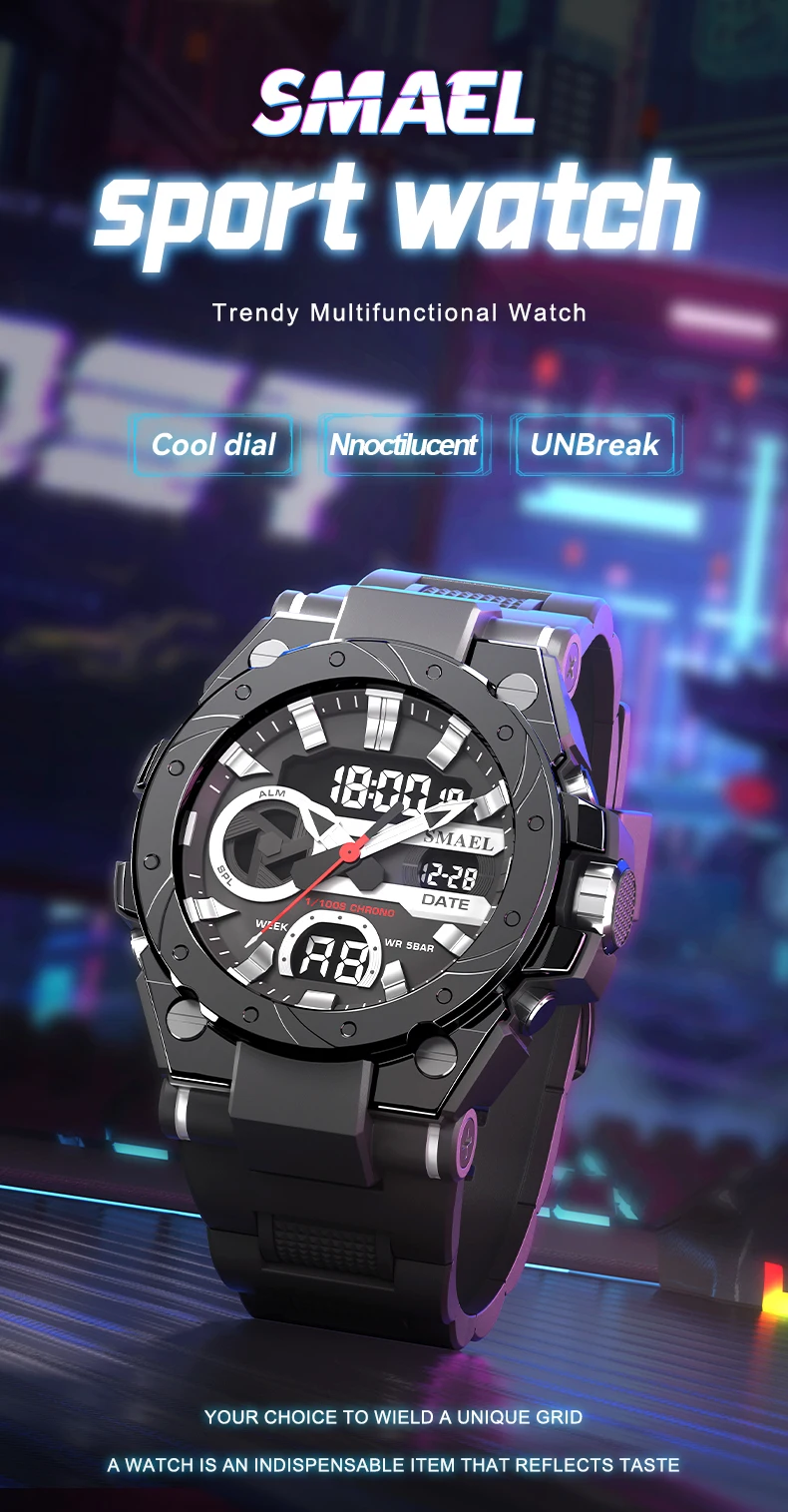 

SMAEL 8029 Dual Display Military Watch for Men - 50M Waterproof LED Alarm Chronograph Stopwatch Shockproof Luminous