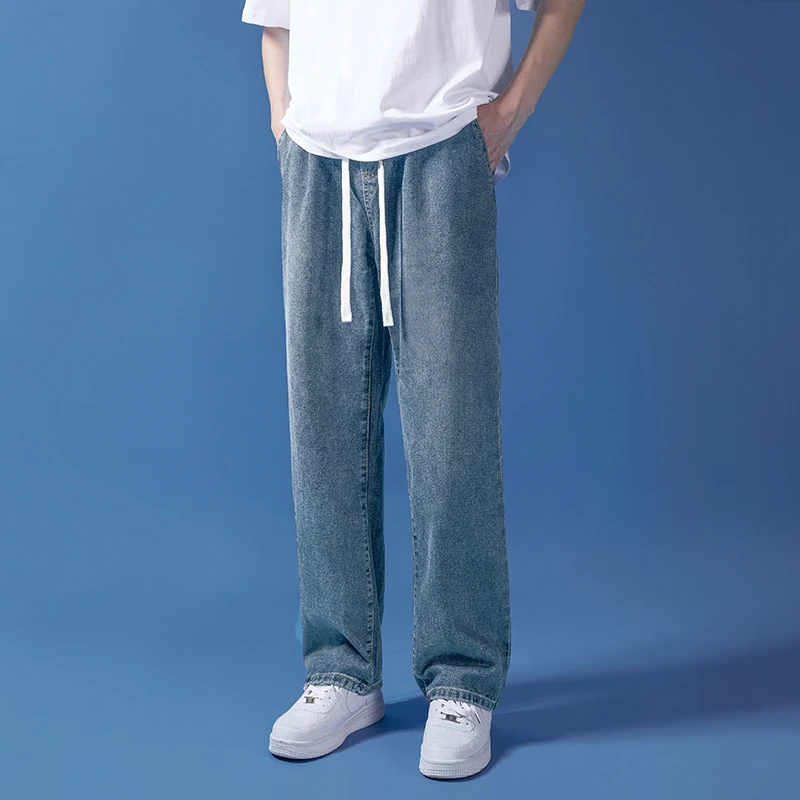 

Men's Summer High Street Versatile Trendy Loose Basic Wide Leg Casual Jeans Elastic Waist Long Pants Youth ular Sle