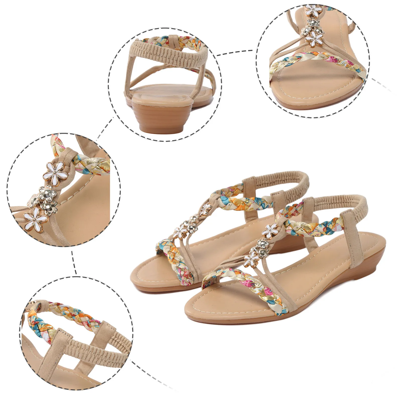 Women Wedge Shoes Flat Beaded Sandals Beach Sandals Thong Flat Beach Slippers Sandals