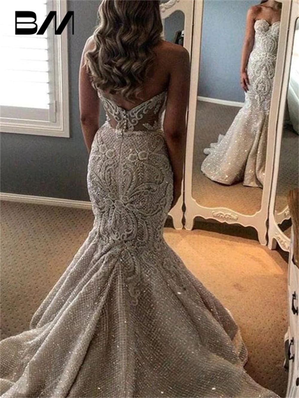 Luxury Wedding Dress Strapless Mermaid Embroidered Lace Appliques Bride Dresses For Women 2 in 1 Detachable Train Bridal Gown