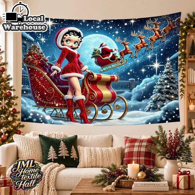 VIKAMA Brick Fireplace Christmas Tapestry, Stone Hearth Stockings Candles Bow, Xmas Wall Hanging for Living Room Decor
