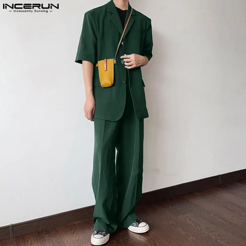 2024 Men Sets Solid Color Streetwear Lapel Short Sleeve Blazer & Straight Pants 2PCS Fashion Men's Casual Suits S-5XL INCERUN