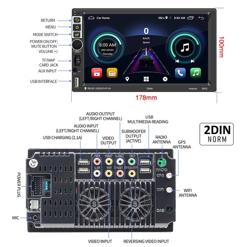 Autoradio Android, 2 Din, Sans Fil Carplay, Bluetooth, Mains Libres, Navigation GPS, RDS, Wifi, USB, TF, Lecteur Multimédia, Unité Centrale 8802