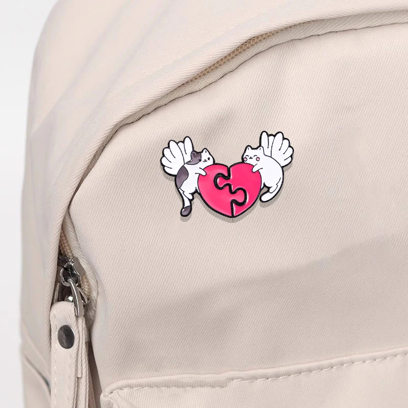 4Styles Cute Cat Couple Enamel Pins, Angel Wing Cat Broken Heart Puzzle Matching Brooches, Kitty Kitten Zinc Alloy Badges