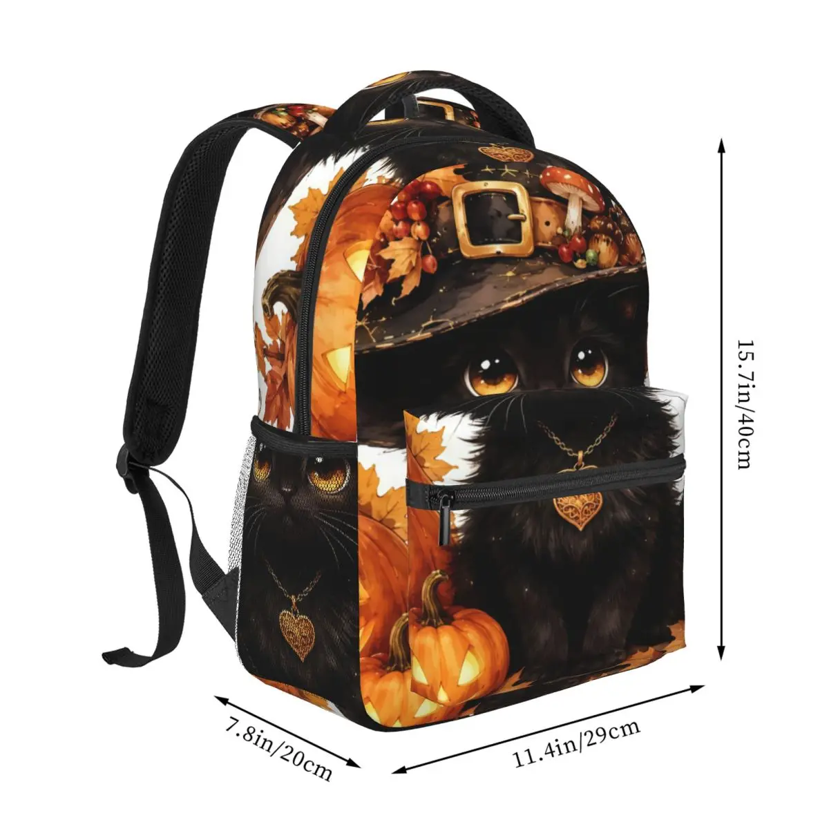 Dark Punk Printed Backpack Center Black Kitten Witch Hat Pumpkins Ghost Cute Kawaii Halloween Black Edgy Daypack for School Work