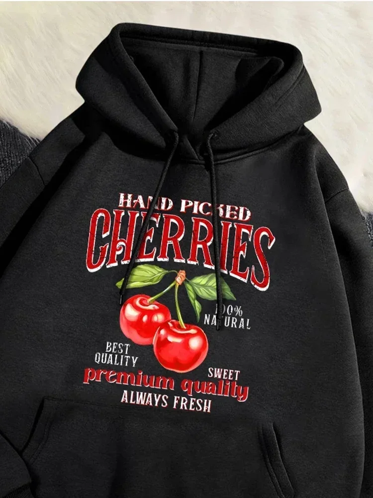 Casual Womans Hoodies Hand Picked Cherries Printing Sweatshirt Soft Breathable Loose Pocket Pullover Autumn Winter Streetwear