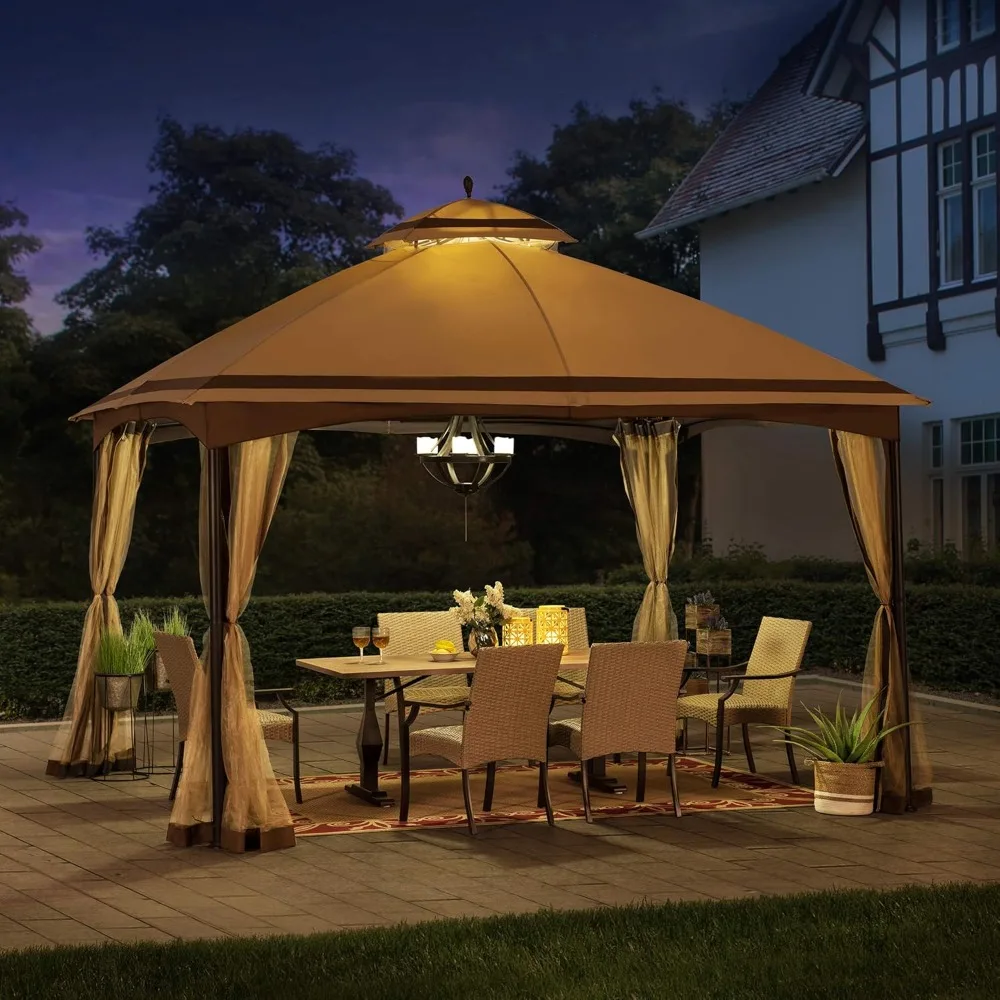 

10.5 x 13 ft. Soft Top Gazebo, Outdoor Patio Brown Steel Frame 2-Tier Soft Top Roof Gazebo with Ceiling Hook, Customized