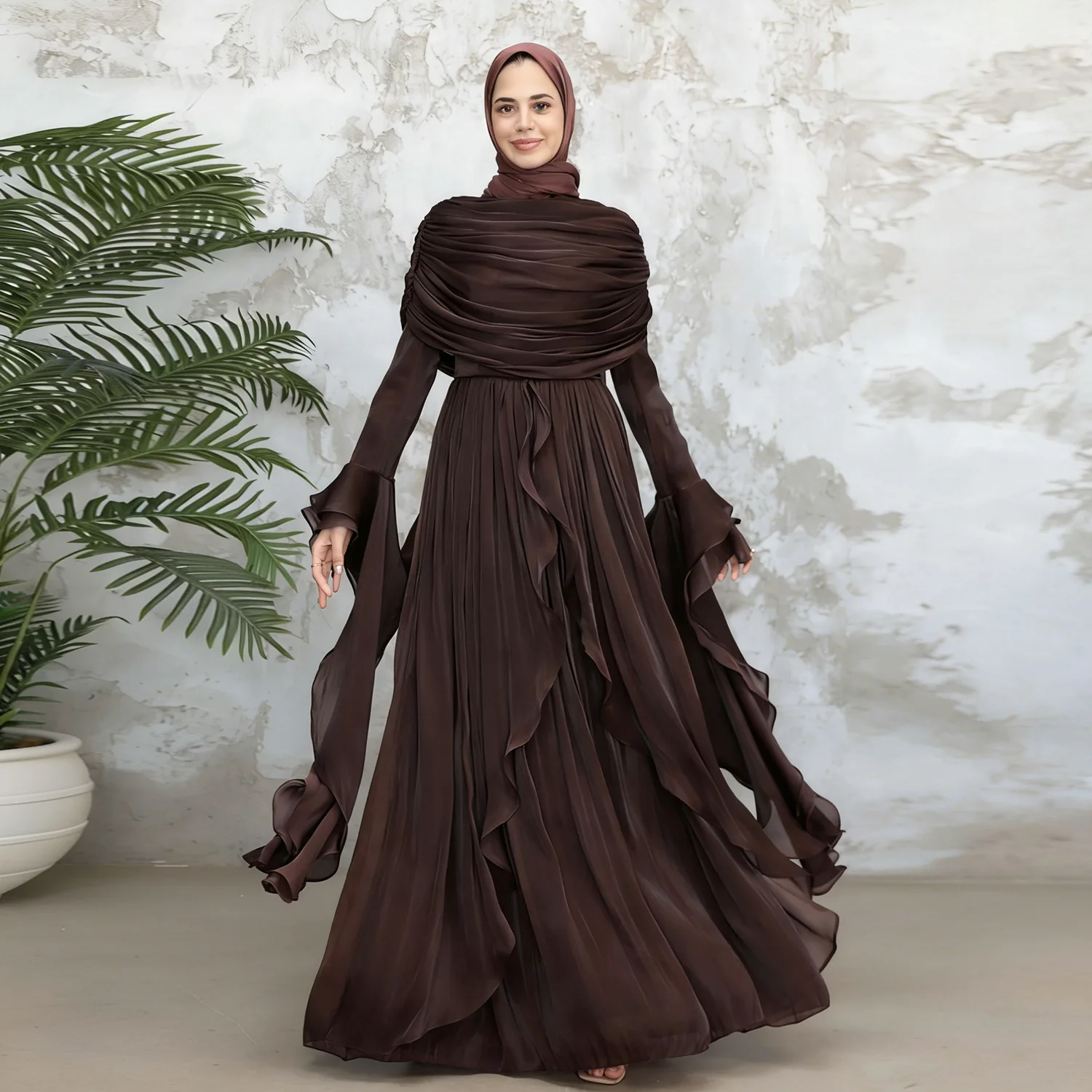 

Modest Muslim Dresses for Women Flare Sleeves Abaya Wrinkle Evening Party Maxi Dress Jalabiya Islam Clothing Kaftan Turkey Gown