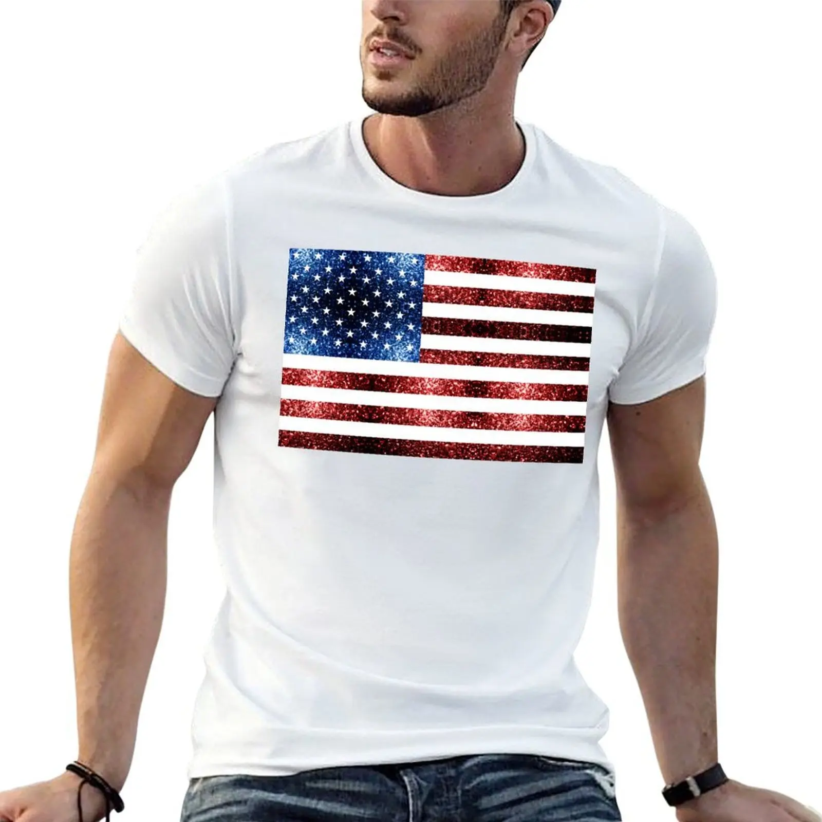 

USA flag red blue faux sparkles glitters T-Shirt man t shirts cotton cotton t shirts man 100% t shirts with prints T-shirt