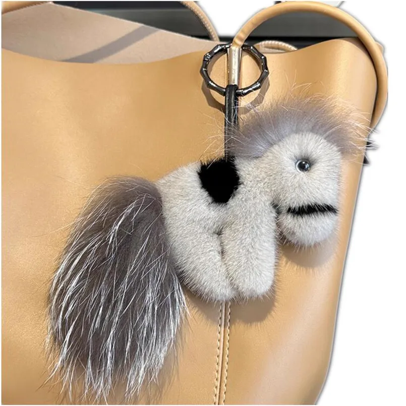 Real Mink Fur Horse Keychain Fluffy Bag Car Key Ring for Women Best Children Gift