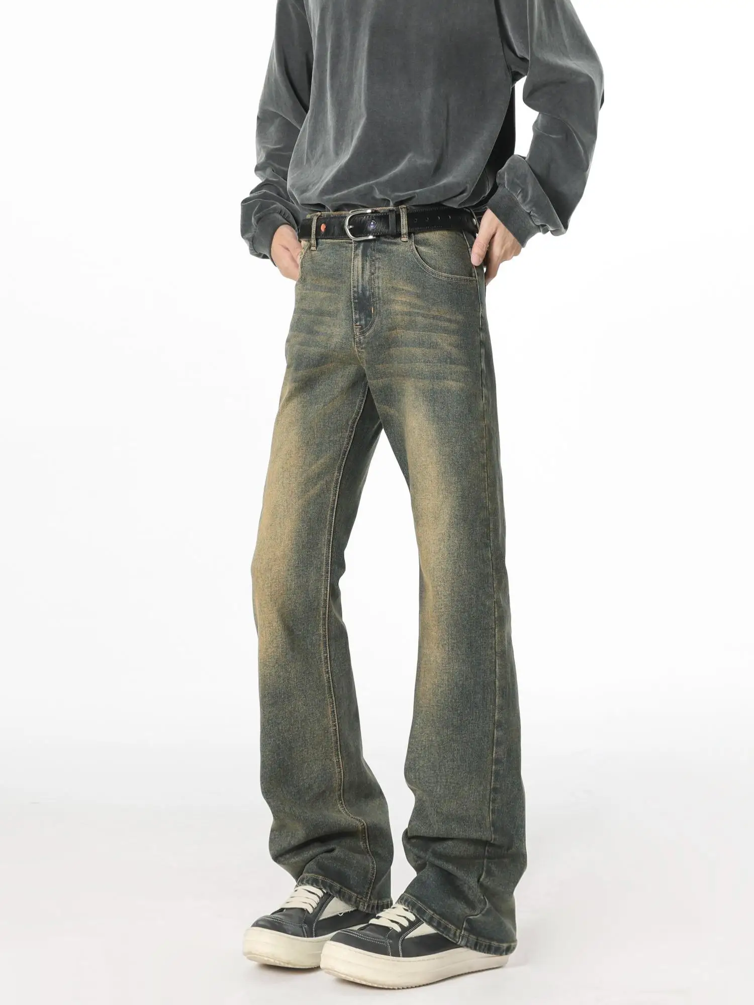 

American High Street Vibe Men's Fleece Lined Denim Jeans Straight Leg Retro Washed Slimming Bootcut Pants Youth Fashion