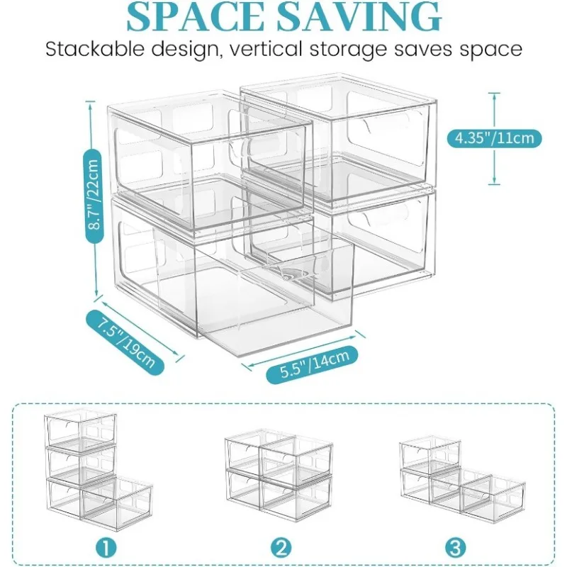 Imagem -05 - Gavetas de Organizador de Maquiagem de Plástico Empilhável Organizadores de Acrílico Caixas de Armazenamento Claras com Alças Pull-out para Vaidade Pacote de 6