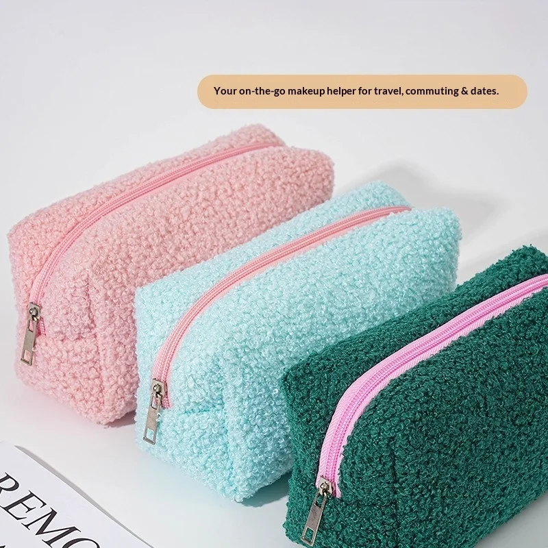 1pcs Zipper Plush Bag Large Solid Color Lovely Cosmetic Bag Can Carry Cosmetics Toiletries Stationery Storage Bag
