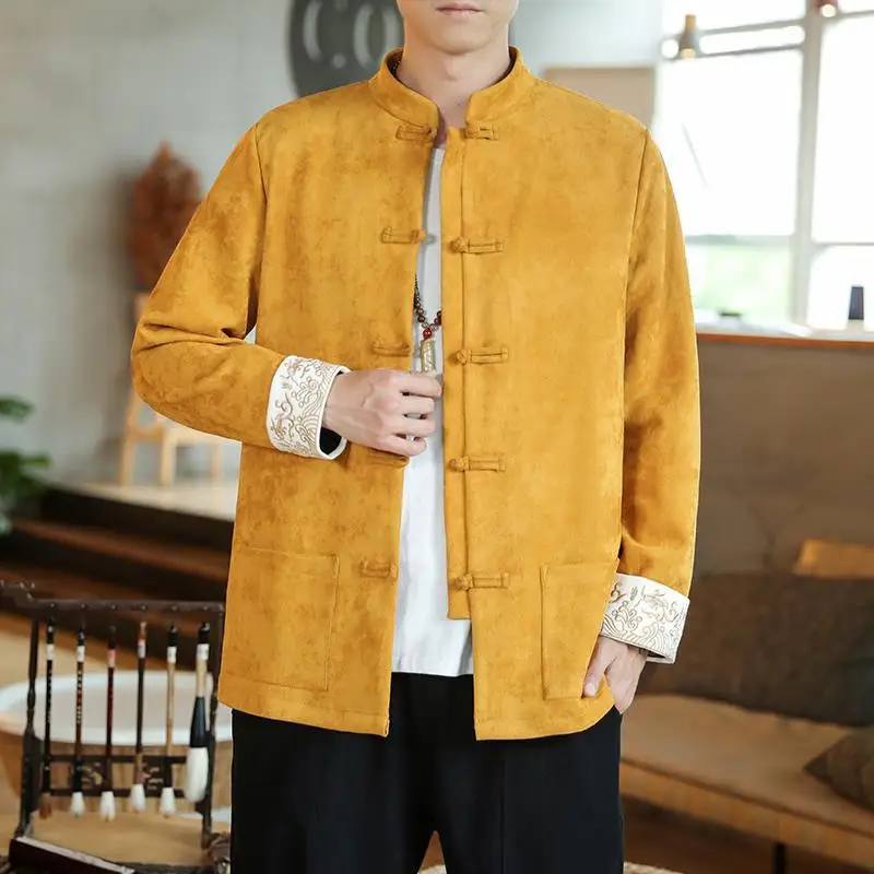 

Men's Suede Jaet Thiened Fce Lined Chinese Sle Vintage Trendy Tang Costume Autumn Winter Windproof Casual Outerwear