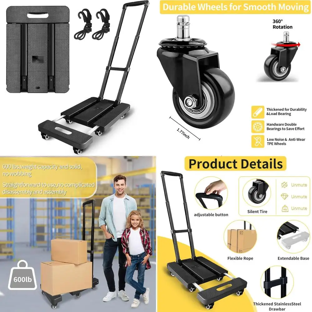 

Сверхмощный складной ручной тележки емкостью 600 фунтов с 6 колесами, эластичными веревками и расширяемой пластиной для перемещения и офисного использования.