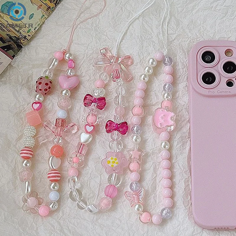 Sweet Strawberry Flower Bead Phone Strap Charm Chain Knot Cellphone Lanyard Keychain Woman Girl Bag Camera Phone Case Pendant