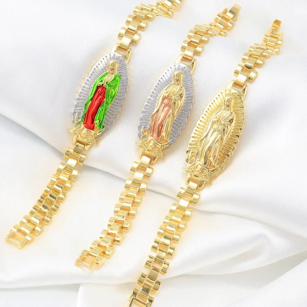 

Best Seller Brass Oro Laminado 3 Tone Virgin Mary Bracelet Bangle Gold Plated Chain Bracelet Pulseras for Women Men