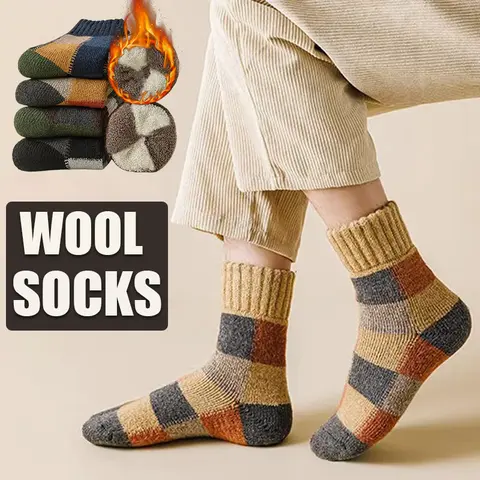 5 pares de calcetines térmicos cálidos de lana gruesa con bloques de colores para hombre, calcetines cálidos de felpa suaves y cómodos para suelo de nieve, alta calidad
