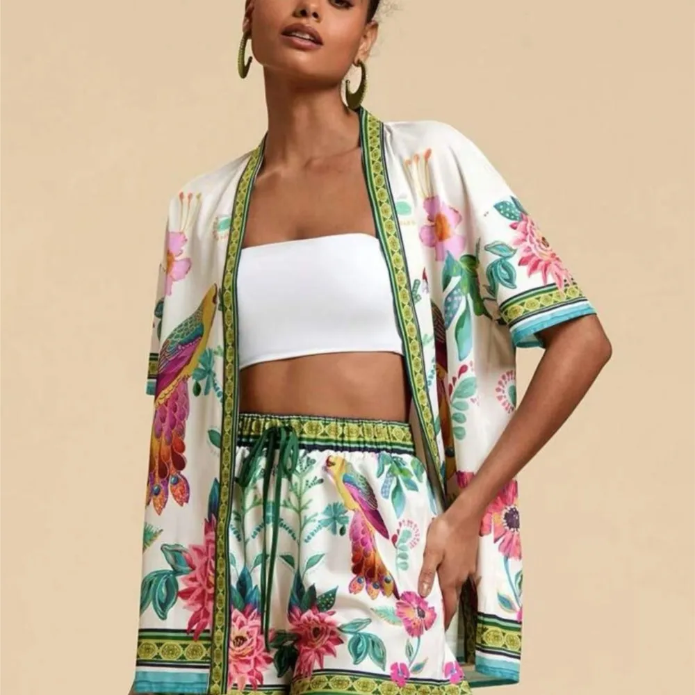 Women Printed Beachwear Style 2 Piece Sets Summer Lapel Three Quarter Sleeve Blouse+Shorts Matching 2025 Holiday Outfit Clothing