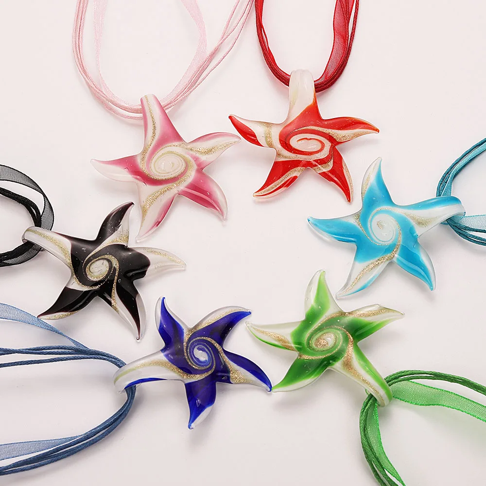 Fashion Wholesale 6pcs Handmade Murano Lampwork Glass Mix Color Reticular Starfish Pendants Charms Necklace Hot necl0051