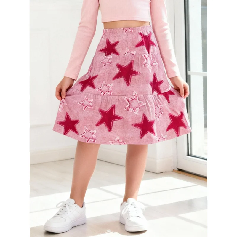 تنورة متوسطة الطول للفتيات بطباعة نجوم لعام 2026 - تنورة قصيرة وردية اللون بحاشية مكشكشة على شكل حرف A، تنورة أطفال عصرية غير رسمية لملابس اليومية والحفلات #3