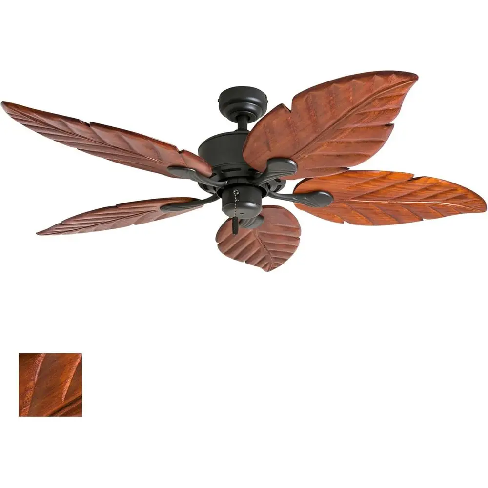 

52-дюймовый тропический внутренний потолочный вентилятор без света, тянущая цепь, три варианта установки, резные деревянные листовые лопасти ручной работы — 50501-01