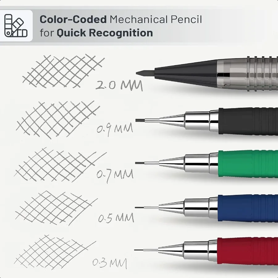 Conjunto de lápis mecânico com recargas de chumbo e borracha 5 tamanhos 0,3 0,5 0,7 0,9 e 2 milímetros desenho esboçar ilustrações A