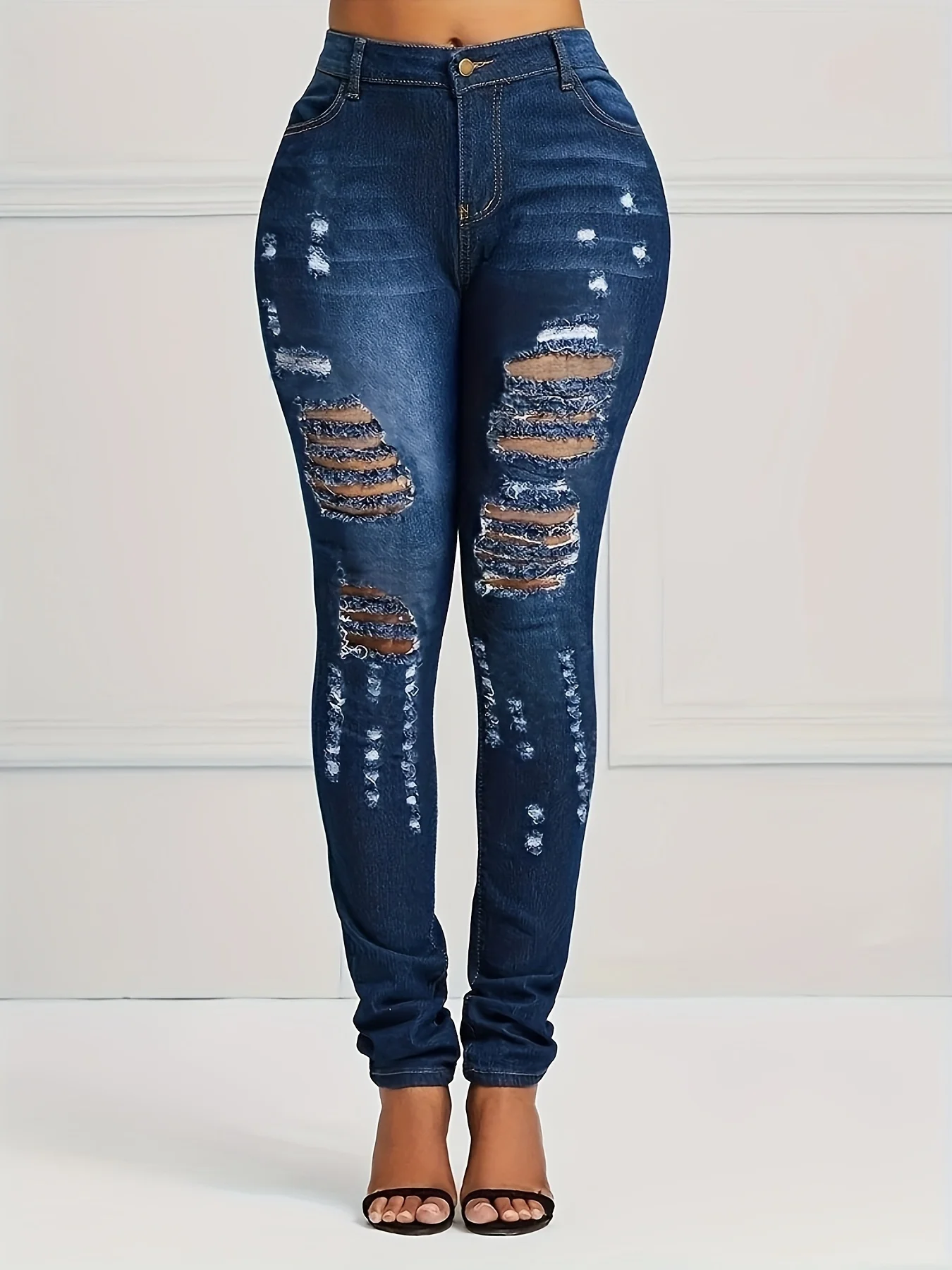 Women\'s Chic Distressed Skinny Jeans - High Waist Blue Denim with Ripped Holes & Slash Pockets for Casual Wear