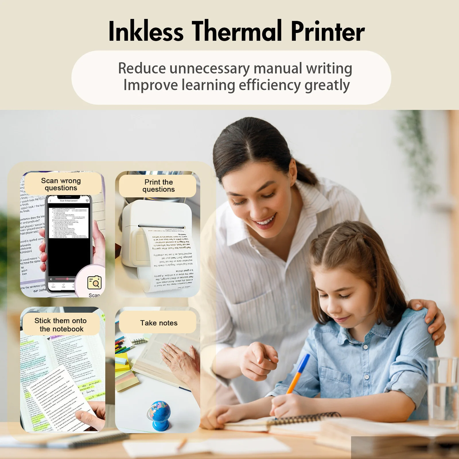 طابعة ملصقات حرارية بدون حبر، صانع ملصقات جيب بلوتوث محمول، دراسة منزلية مع لفة واحدة من ورق الملصقات القابل للالتصاق، أندرويد IOS