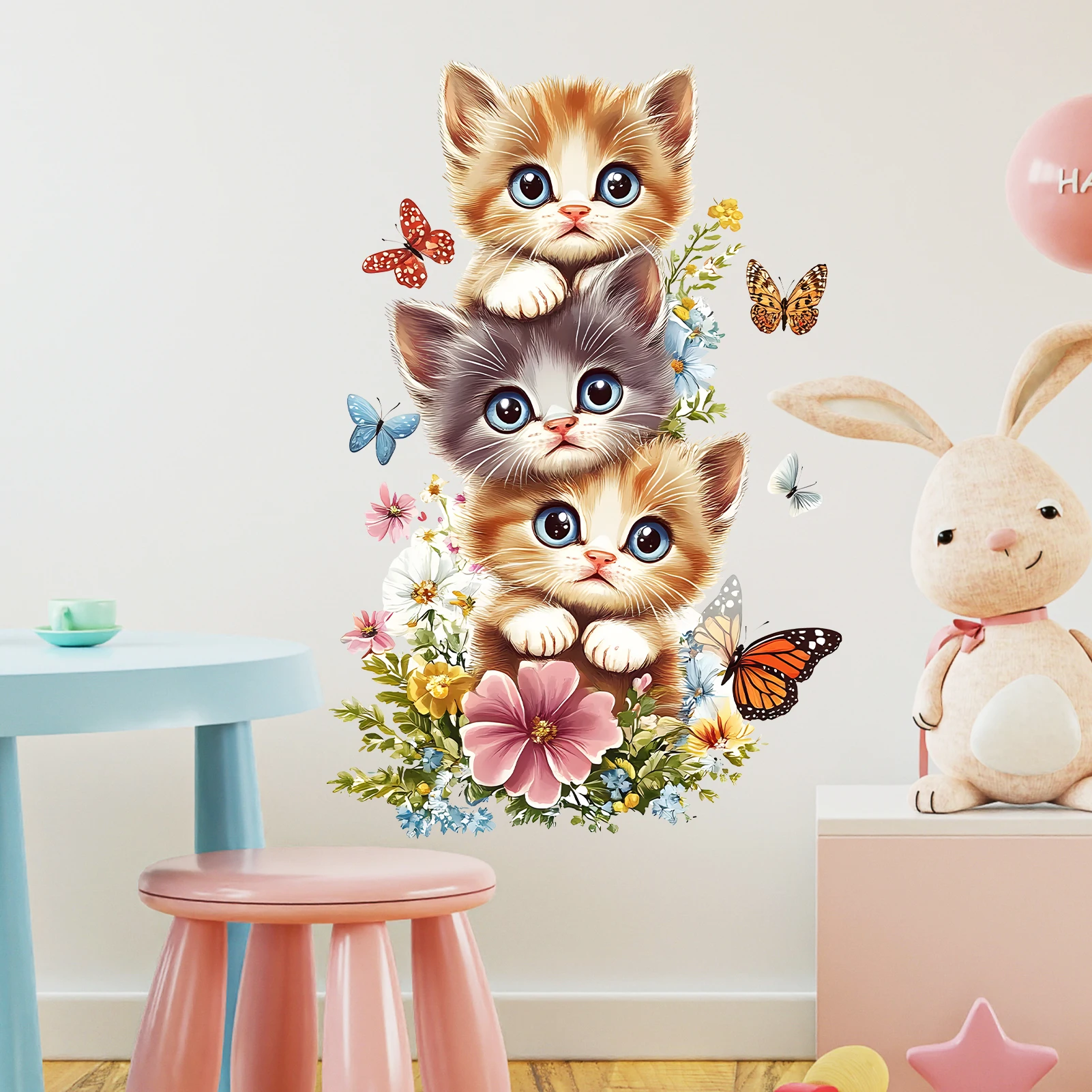 Watercolor Cat Butterfly Wall Stickers, Cute Kitten Floral Decals, Removable Aesthetic Home Living Room Decor