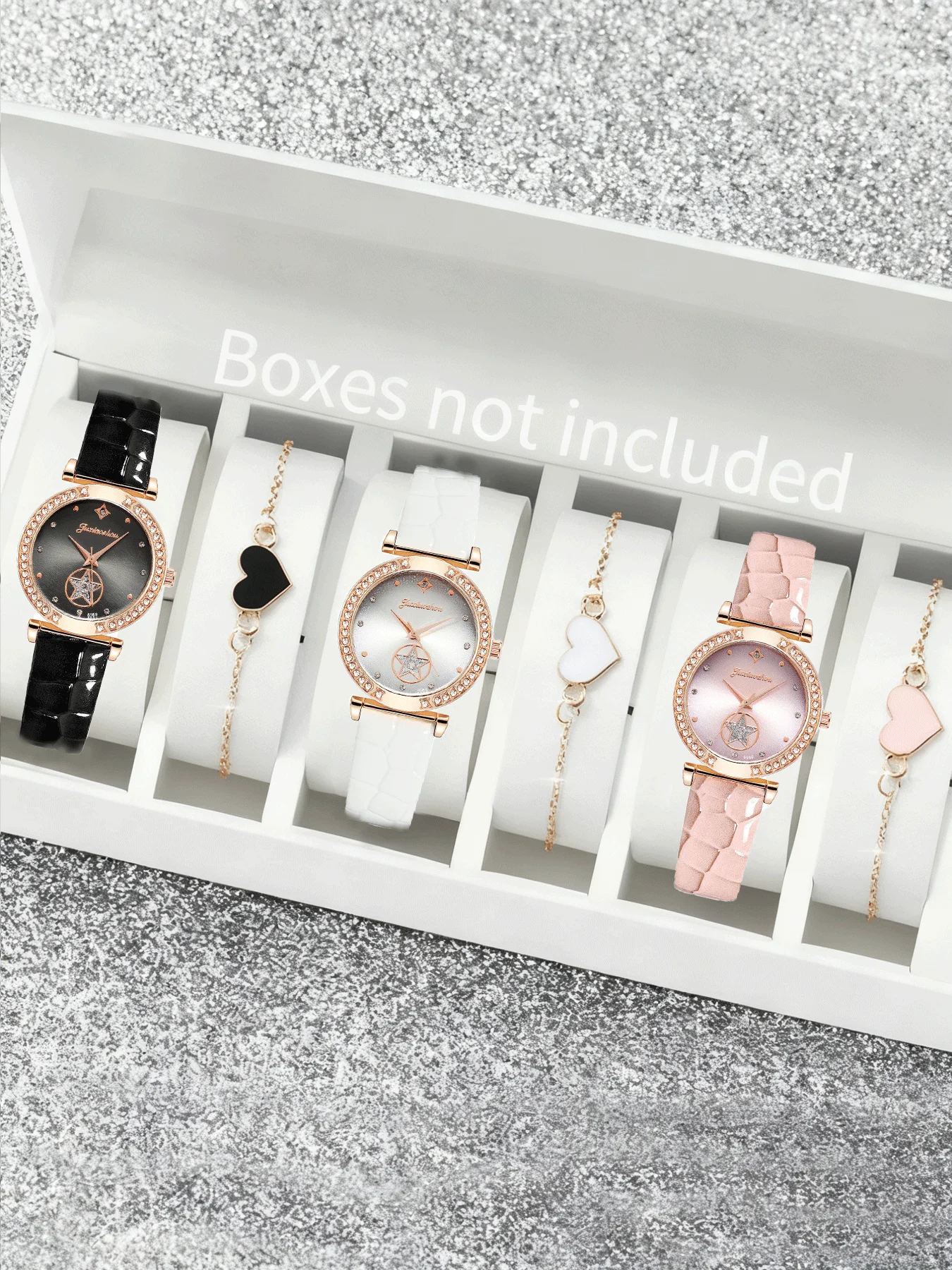 6-piece set of starry quartz watches, fashionable, light luxury, diamond inlaid women's watch, round pentagram leather watch set