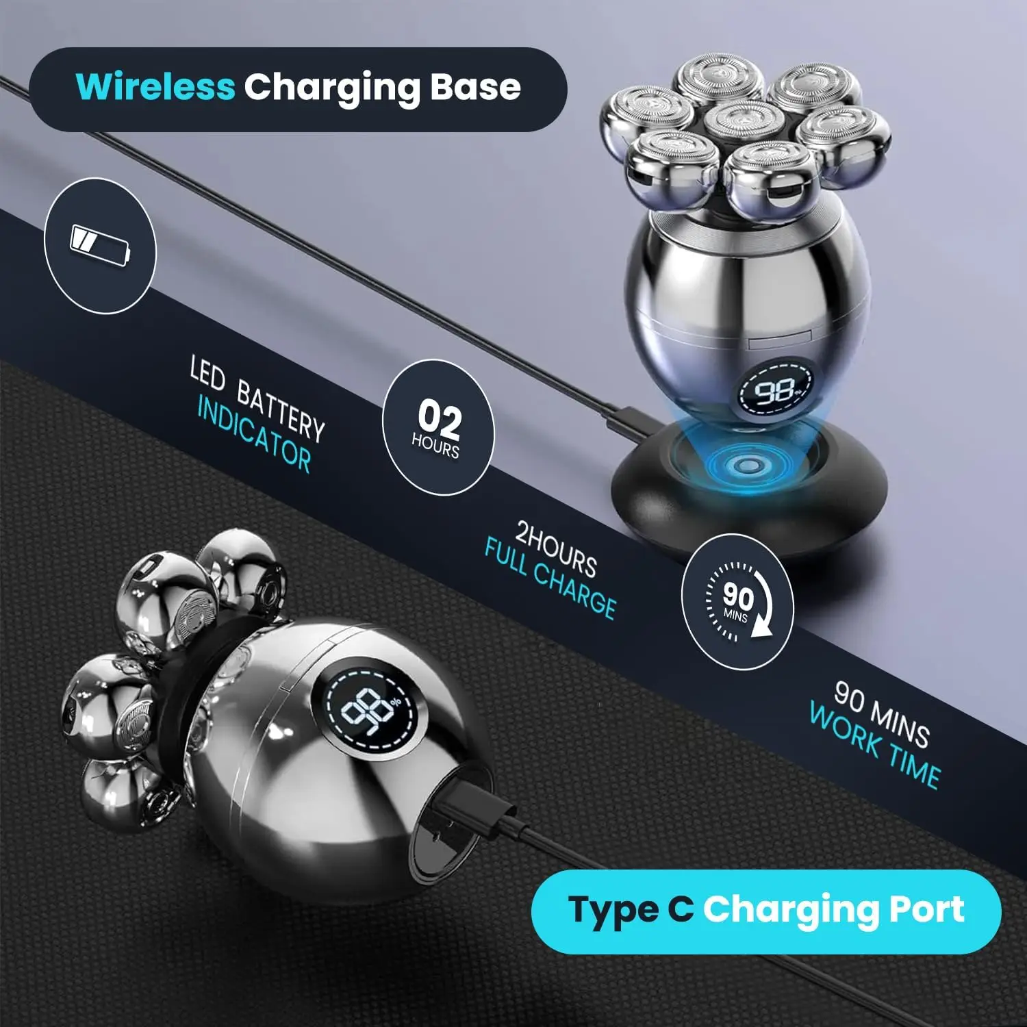 ماكينة حلاقة برأس عائمة 7D للرجال الأصلع 5 في 1 شاشة LED IPX6 مقاومة للماء ماكينة حلاقة على شكل جمجمة شحن لاسلكي ماكينة حلاقة الرأس الأصلع الرطب/الجاف