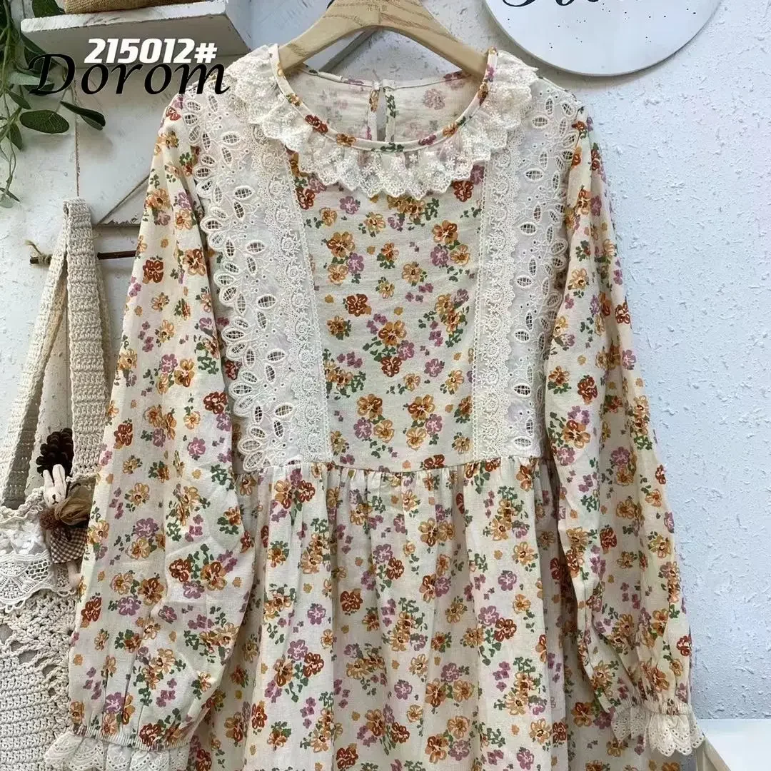 Japanese Mori Girl Flower Shirt For Women Spring Lace Ruffled Puff Sleeve Cotton Linen Blouses Female Casual Loose Pullover Tops