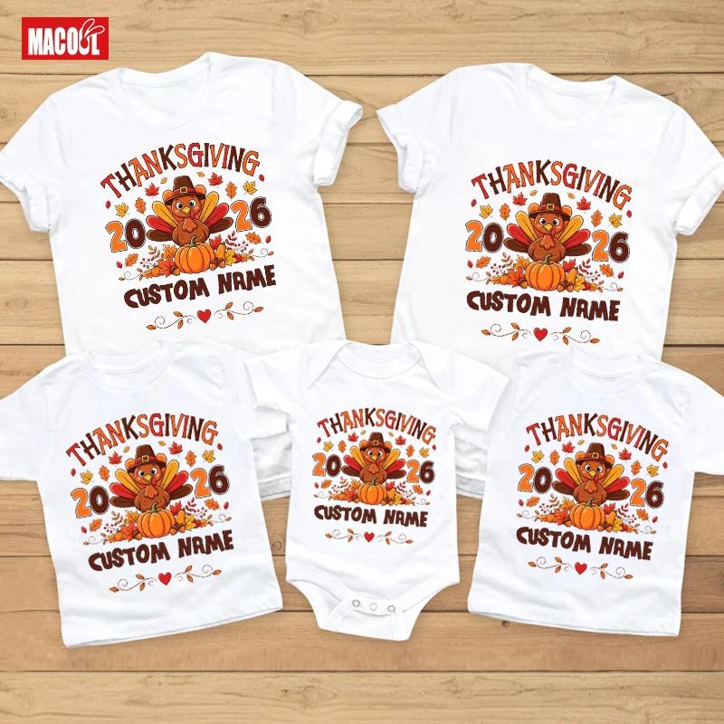 Personalized Thanksgiving Family Shirt Custom Name Turkey Tee Matching Fall Family Outfit Pumpkin Graphic Tee Holiday party top