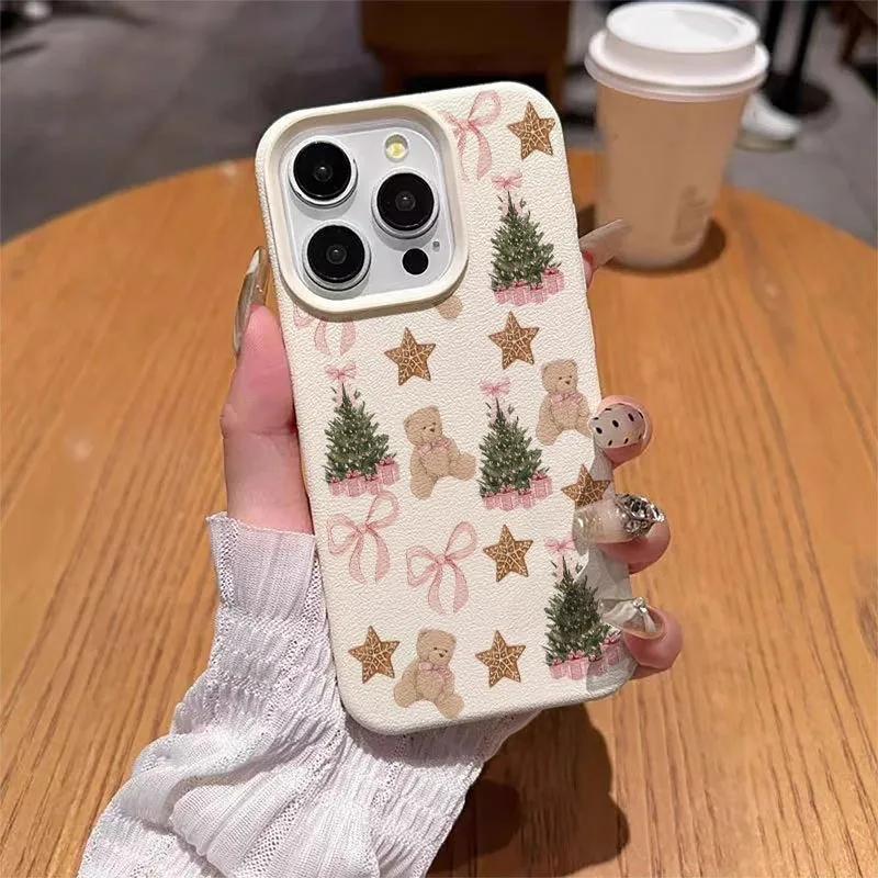 Christmas Bear And Tree Lychee Pattern TPU Phone Case For iPhone 18 17 16 Pro Max 15 14 Plus 13 12 11 16e 17e Air XS X XR Cover
