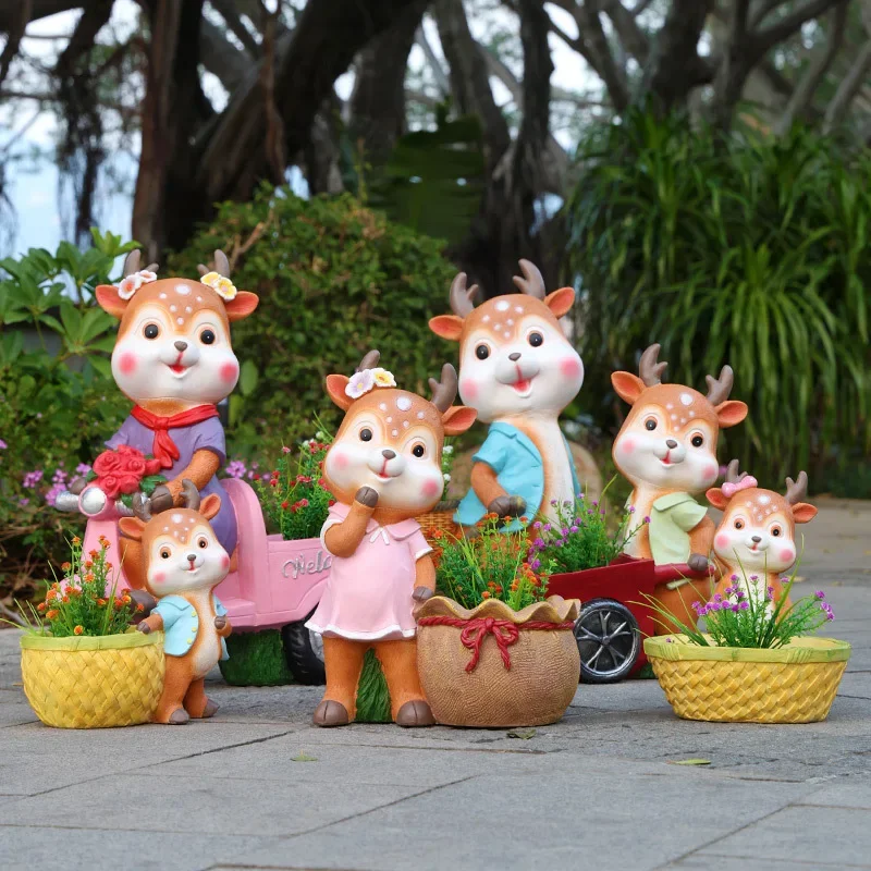 Garden Landscape Sculpture Cartoon Fawn Flower Pot Outdoor Courtyard Decoration Villa Kindergarten Bonsai Basin Ornaments