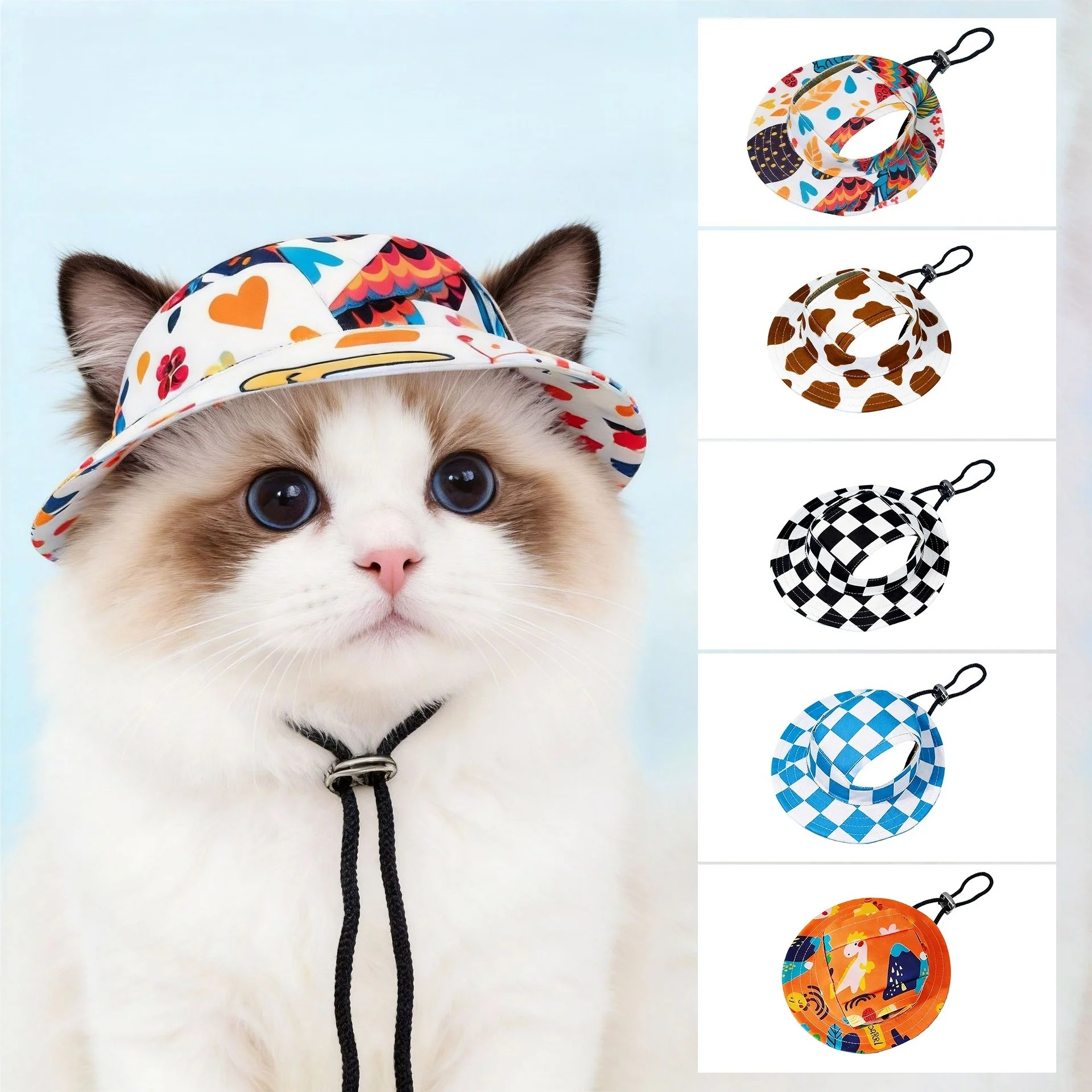 Chapéu de Sol Ajustável para Pets com Orelhas Expostas, Proteção UV de Verão, Estampa de Desenho Animado Fofo, com Cordão Anti-queda para Cães e Gatos