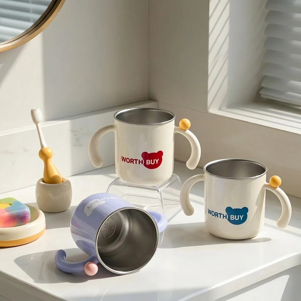 

Cute Bathroom Tumbler Toothbrush Holder 316 Stainless Steel Gargle Cup Travel Plastic Drinking Mug Detachable Anti-Scald Handle