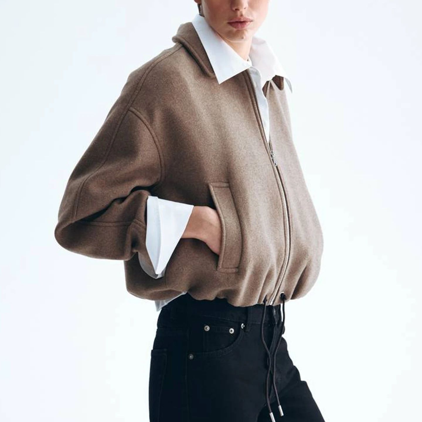 Women's Casual Loose Fit Zipper Long Sleeve Collared Short Jacket Autumn Fashion Outerwear Comfortable Breathable Other Material